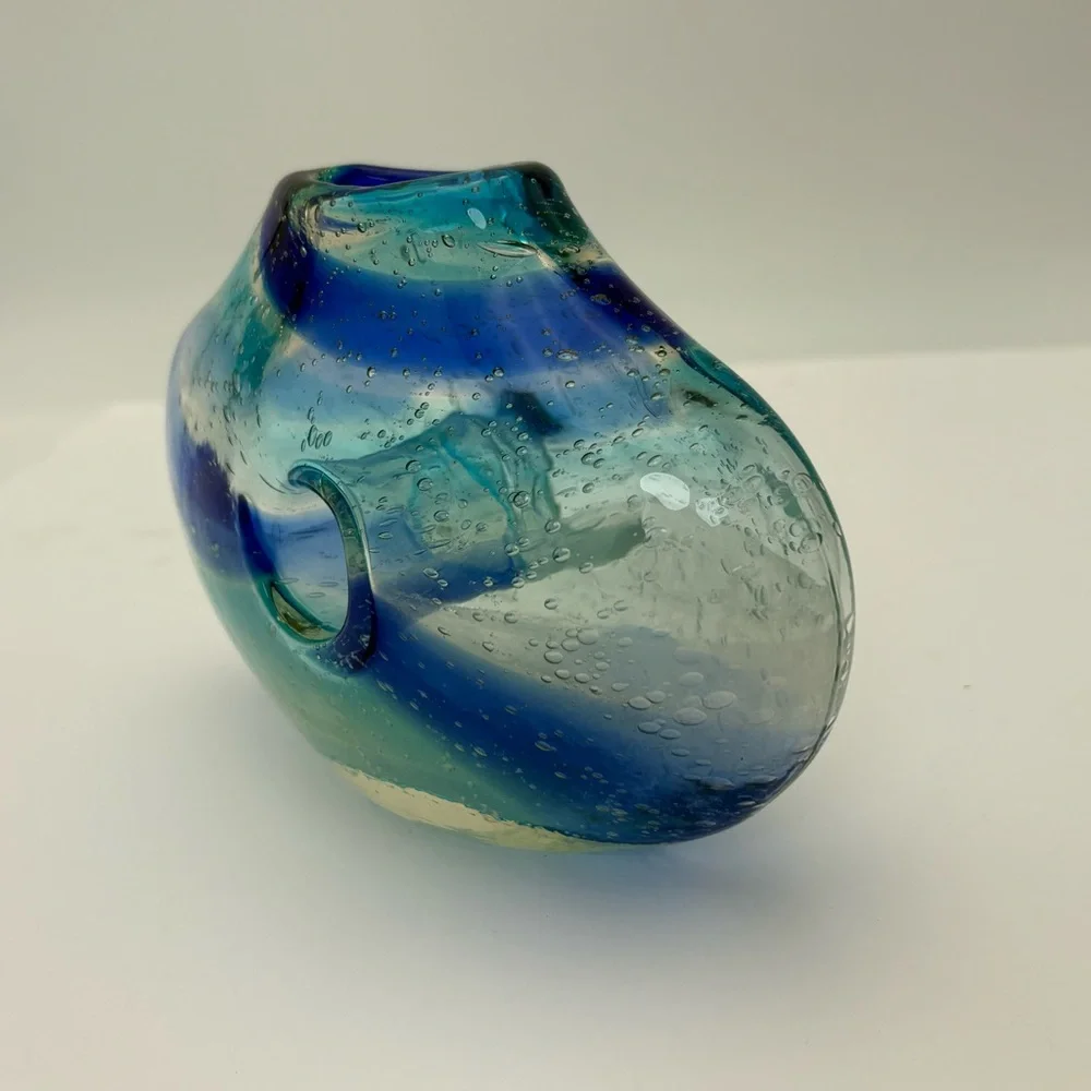 Vintage Blue and Clear Swirl  Glass Donut Vase - Picture 8 of 16